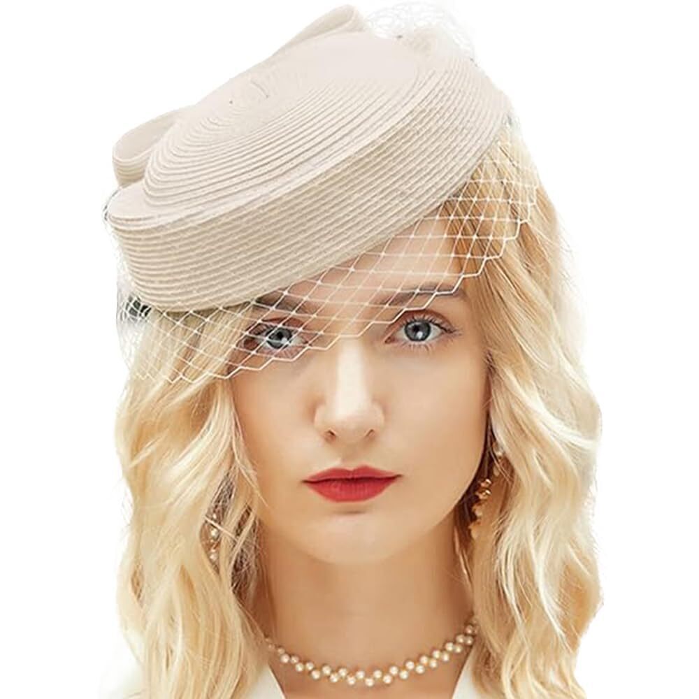 2845 British Vintage Elegant Pillbox Hat with Veil Bowknot Bridal Wedding